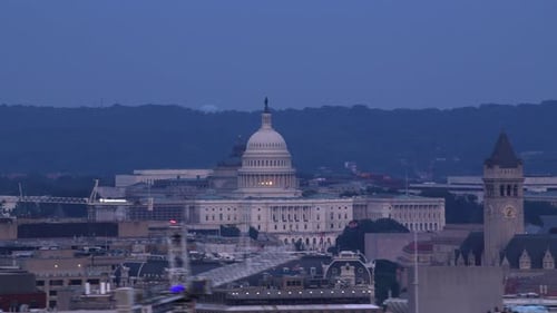 Washington, D.C. Circa-2017, Low Angle Aerial View of Capitol Building at Dusk