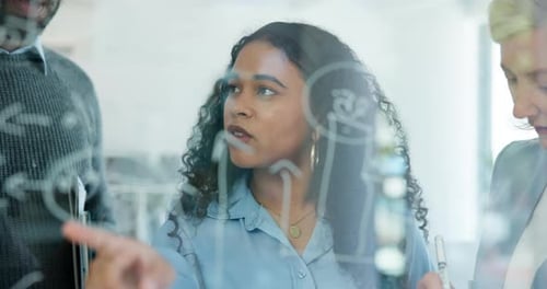 Business people, brainstorming and team planning with glass board for strategy in office