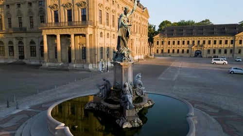 4K Aerial Drone Video of Historic Residence Palace and Franconia Fountain in Würzburg, Germany