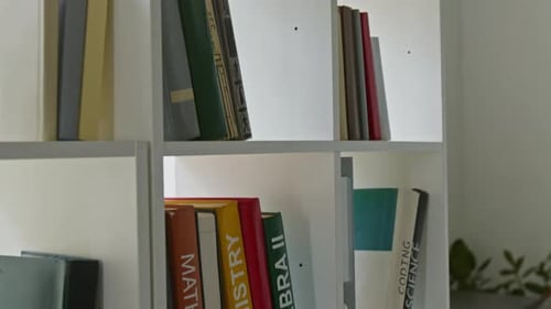 Close-up of White Classroom Bookcase with Neatly Organized Books