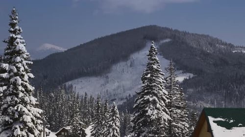 Forest Cabins Covered in Snow on a Winter Day in Mountains