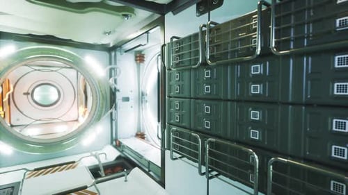 Vue intérieure d'une station spatiale montrant les dortoirs et les fenêtres