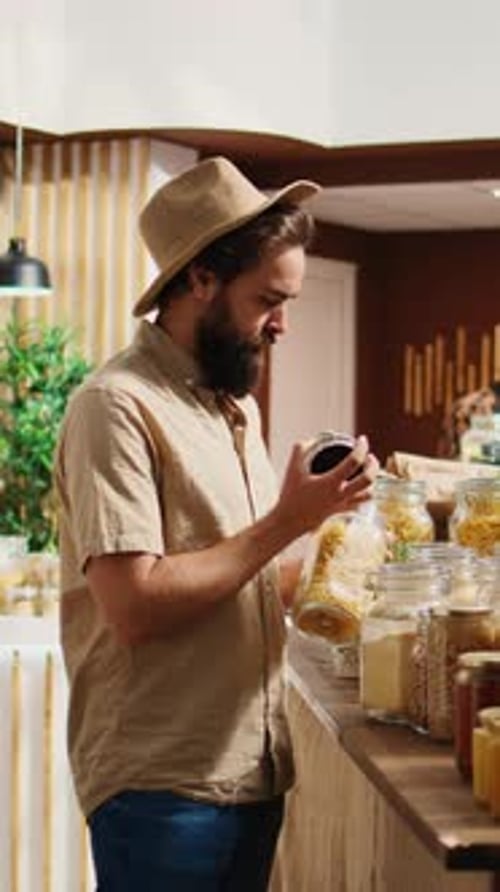 Vertical Video Vegan Man Buys Organic Supermarket Food