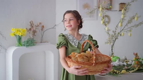 Girl Holds Basket of Chicks Indoors on Easter