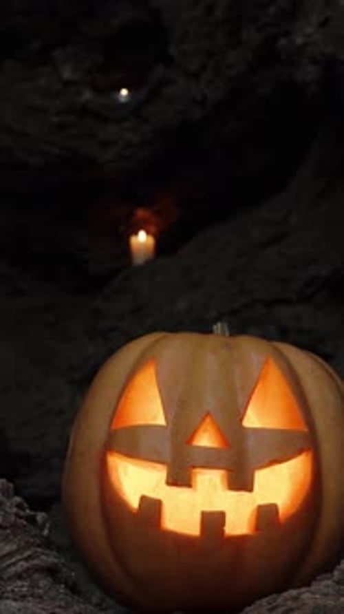 Vertical video. Jack-O'-Lantern Pumpkin with a Burning Flame Inside Stands on the Rocks in a Dark