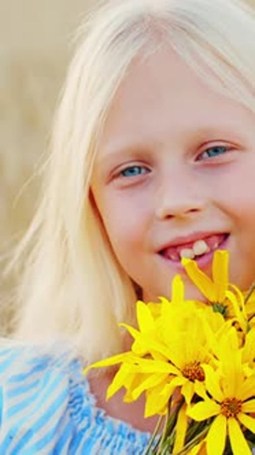 Blonde Girl with Blue Eyes in a Wheat Field