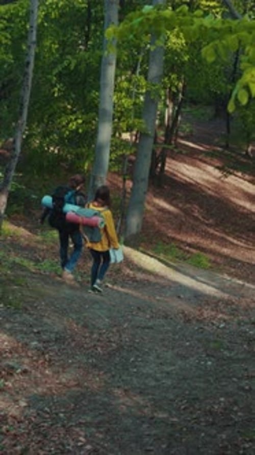 Smiling Couple of Hikers with Hiking Equipment Walk Away By the Pass at the Forest Having Fun Joy of