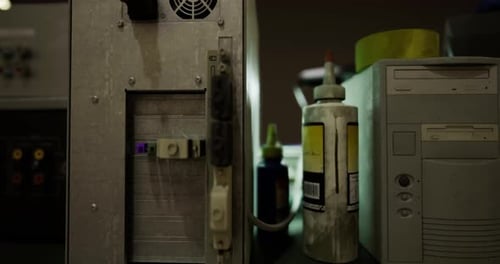 Old Computer Equipment and Supplies Arranged on a Table in a Workshop