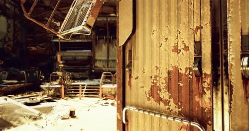 Abandoned Warehouse Interior with Rust and Decay in Bright Daylight