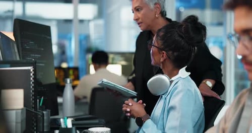 People, mentor and computer programmer in office for teamwork, problem solving and software update