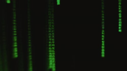 Code Rain Chinesische Schriftzeichen fallen auf schwarzen Hintergrund