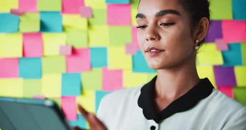 Agency, research and happy businesswoman on tablet in studio for planning or web development