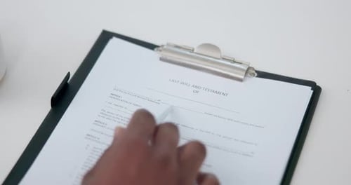 Testament, will and signature with hands of person for planning, life insurance