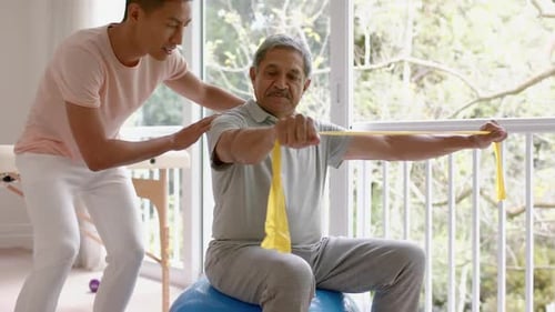 Senior Man Exercising With Physical Therapist at Home