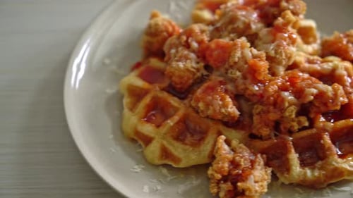 Waffle with Fried Chicken and Sauce on Plate