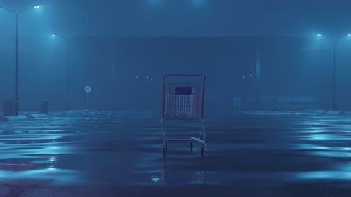 Moving Shopping Trolley In An Abandoned Foggy Parking Lot