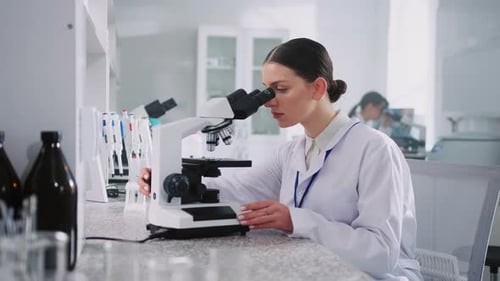 Woman Using Microscope in Brightly Lit Laboratory