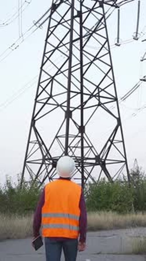 Man in Safety Vest Stands Under Power Lines