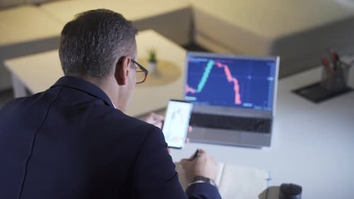 Man analyzing stock market and cryptocurrency charts from laptop.