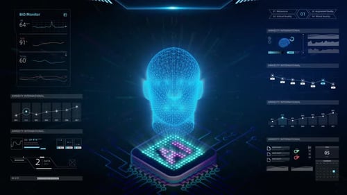 Futuristic AI Human Head Processor with Digital HUD Data Display