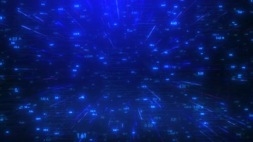 Looping Blue Digital Data Tunnel with Glowing Numbers and Network Line