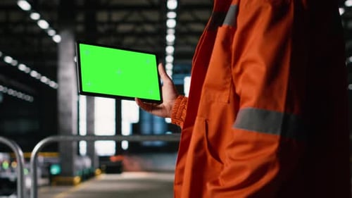 Isoliertes Modell auf einem Tablet, das von einem Ingenieur mit Helm in der Lagerhalle gehalten wird