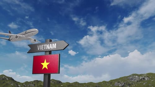Vietnam Flag With Airplane And Arrow Sign