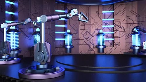 Modern Authentic Robot Arm Holding Contemporary Super Computer Processor Moving into Focus