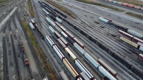 aerial drone footage of MacMillan CN Train Yard in Vaughan, Canada. The MacMillan Yard is the 2nd la