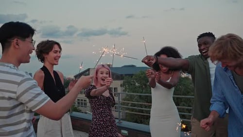 Multiethnic Coworkers Having Corporate Party at Rooftop