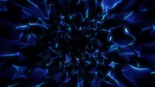 Glühende blaue Fraktale bewegen sich in einem nahtlosen Energiefluss und bilden dynamische Neonwellen