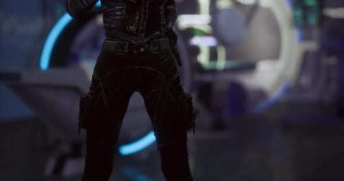 Futuristic Character Standing in a High Tech Environment with Glowing Elements