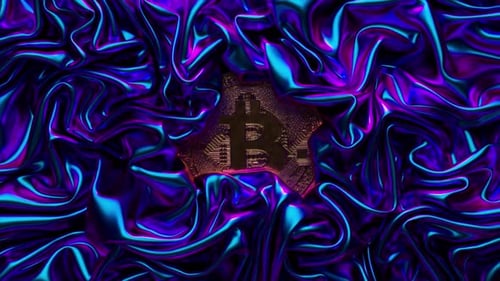 A Fabric of Metallic Neon Blue is Wrinkled Around the Bitcoin