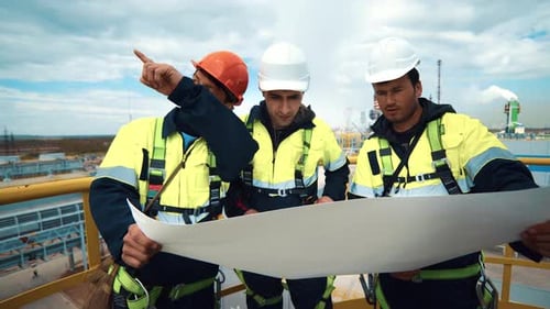 Group Metallurgy Engineer Constructor Discuss Plan Analyzing Paper Blueprint Refinery Work As Team