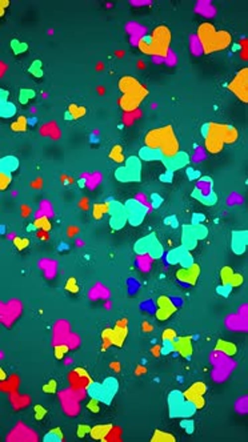 Eine sich wiederholende Animation bunter Herzen, die auf dunklem Hintergrund herumwirbeln.
