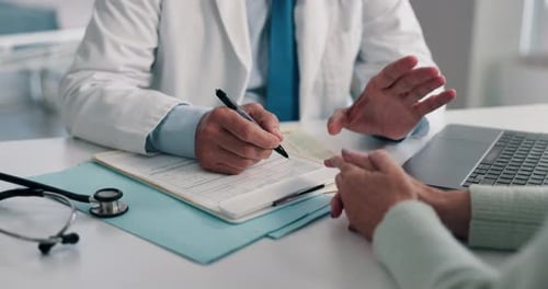 Doctor, hands and patient with document for medical aid, life insurance or application in clinic
