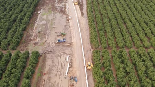 Industrial Pipe line laying operation in a vast agricultural field, Aerial view