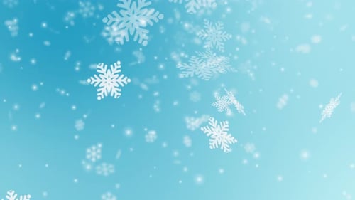 Magic snowflakes and snowfall over skyblue abstract gradient background. Snowflakes and snow storm.