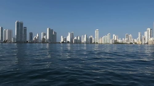 Bocagrande Hotels and Apartment Buildings, Cartagena, Colombia. Sea View From Moving Boat
