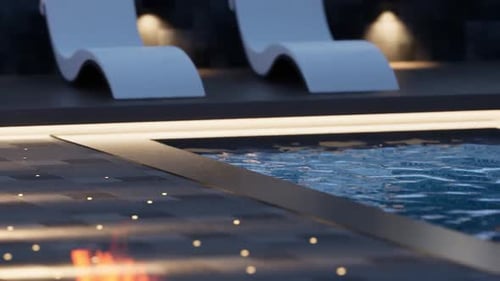 Landscaping around the backyard pool with evening lights. 3D render.