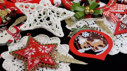 Festive Christmas ornaments close-up. Handmade decorations for the holiday season