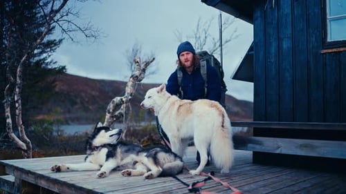 Man With His Pet Dogs Getting Ready For Hiking In Åfjord, Norway - Static Shot