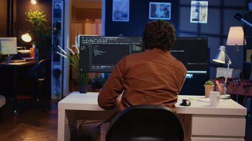 Computer Scientist at Home Office Desk Writing Binary Code and Drinking Coffee