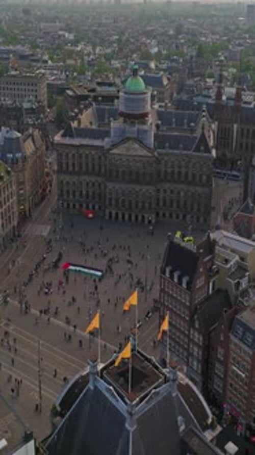 Amsterdam City of Netherlands Aerial View of Canals with Electric Boats in the Center City Drone