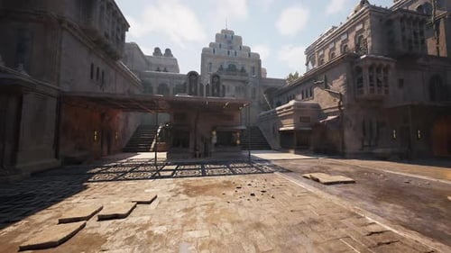 Quiet Square with Raised Platforms and Balanced Architectural Elements