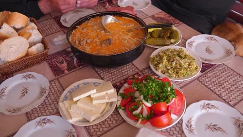 Top view of Georgian kitchen wooden table. Traditional Georgian Cuisine and Food
