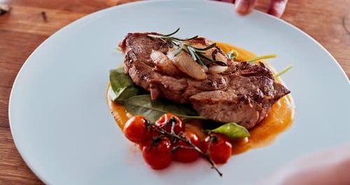 Beef, plate and meal in restaurant, ready and luxury of fine dining in hotel