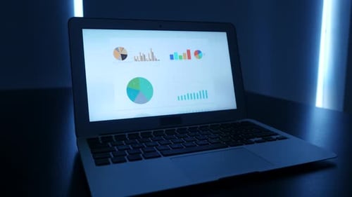 Betrachten von Diagrammen, Diagrammen auf dem Laptop-Bildschirm, Analyse des Geschäftswachstums