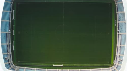Aerial View of Whole Soccer Stadium Top View of Football Sport Arena with Green Grass and Fan Seats