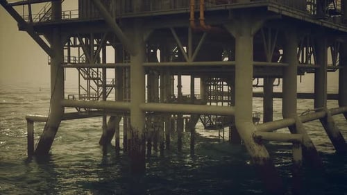 Oil Rig Stands Tall Above Turbulent Waters During Overcast Conditions